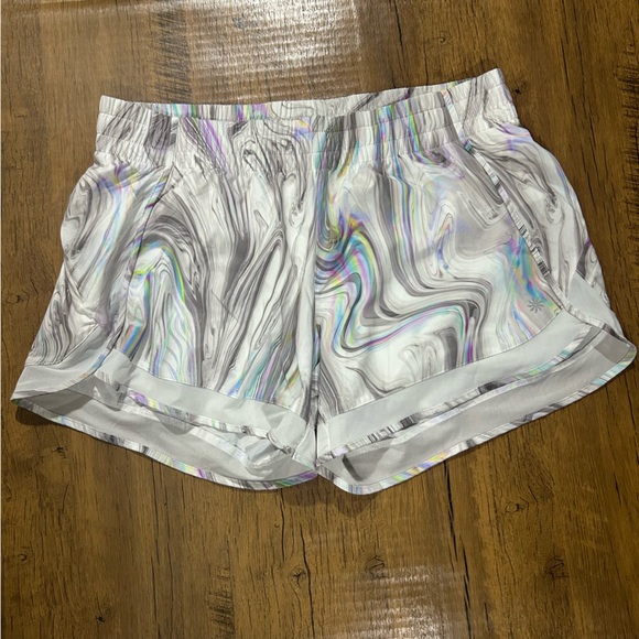 Athleta Mesh Racer Run Short in the "Iridescent Marble Glitch Rainbow" M - Picture 3 of 15
